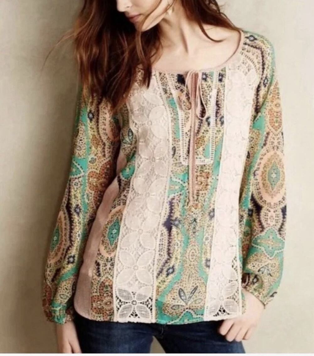 Anthropologie Meadow Rue Giada Crochet Semi Sheer Multicolor Peasant Blouse Med